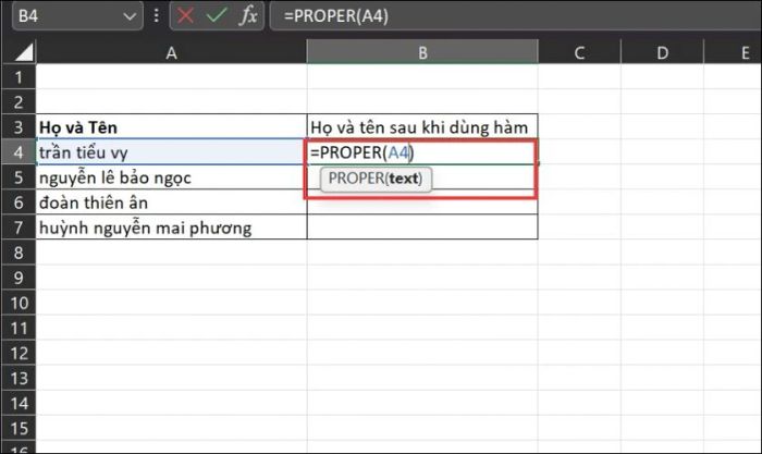 Hướng dẫn cách sử dụng hàm PROPER để chuyển chữ cái đầu tiên của mỗi từ thành chữ hoa