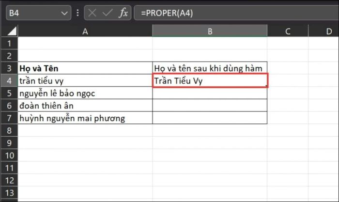 Chuyển chữ cái đầu tiên của các từ trong cột Họ và Tên thành chữ hoa