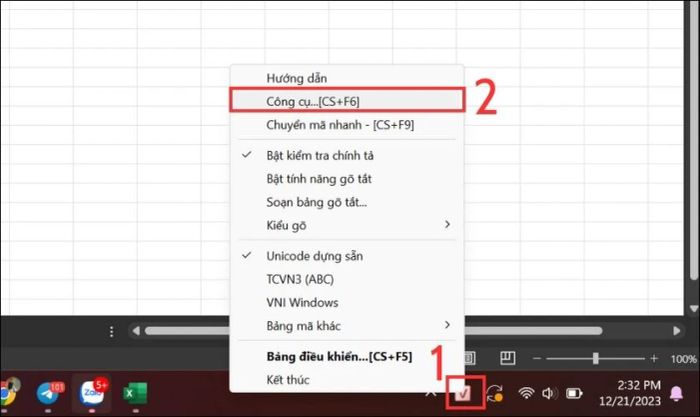 Nhấn chuột phải vào Unikey rồi chọn Công cụ... [CS+F6]
