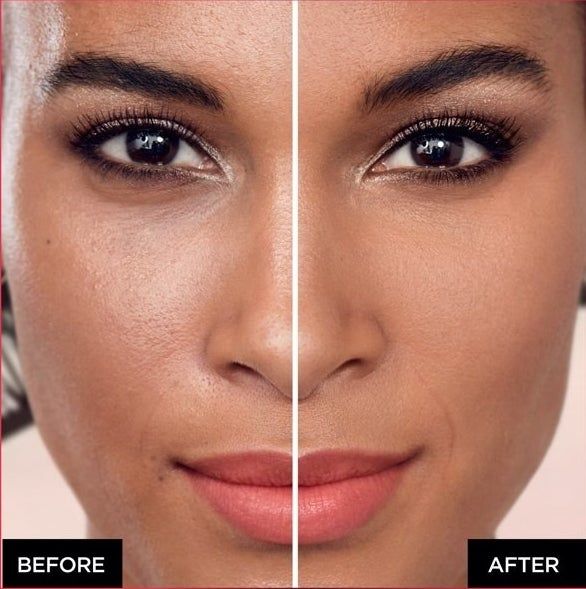 before and after images of a person using the powder foundation