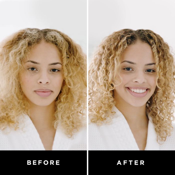 Visual representation of a model's hair transformation before and after using the shampoo