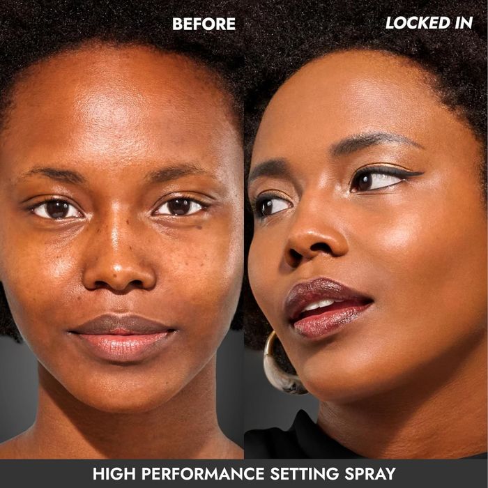 A comparison of a person's appearance before and after applying the setting spray