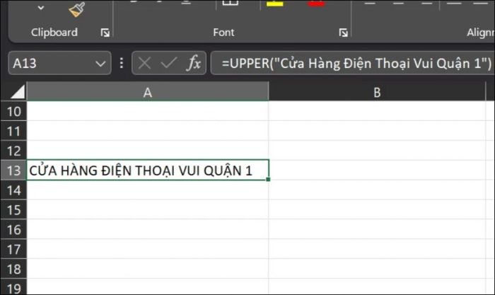 Áp dụng hàm UPPER trong Excel để chuyển tất cả chữ cái thành in hoa