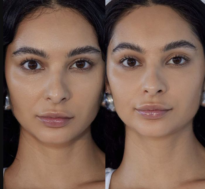 Visual comparison of an individual before and after applying the powder