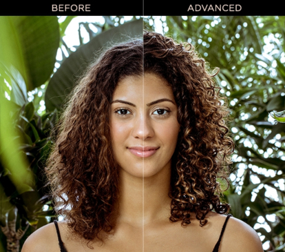 Model showcasing hair transformation before and after using the shampoo