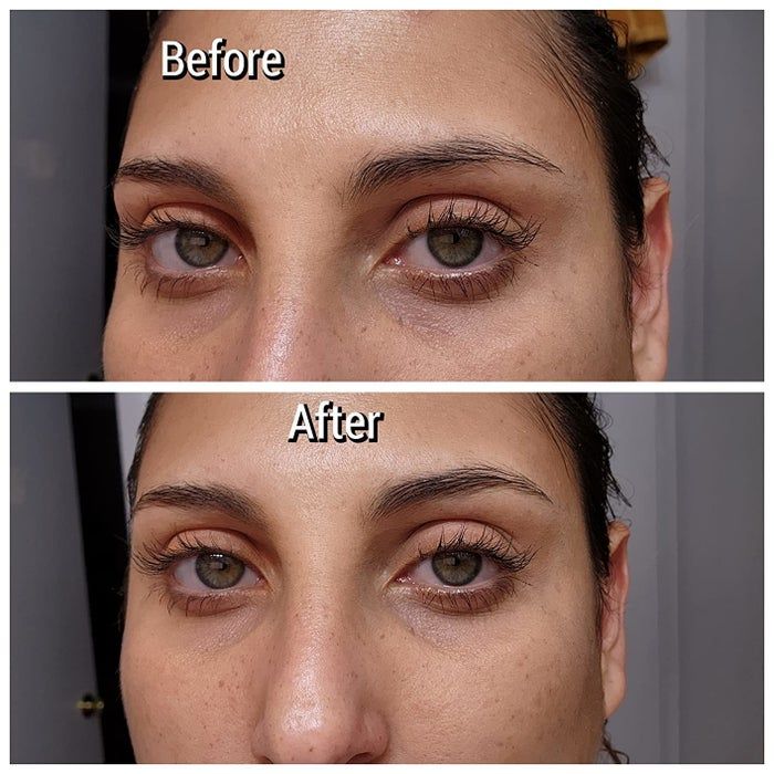 A reviewer's eyebrows before and after applying the brow glue