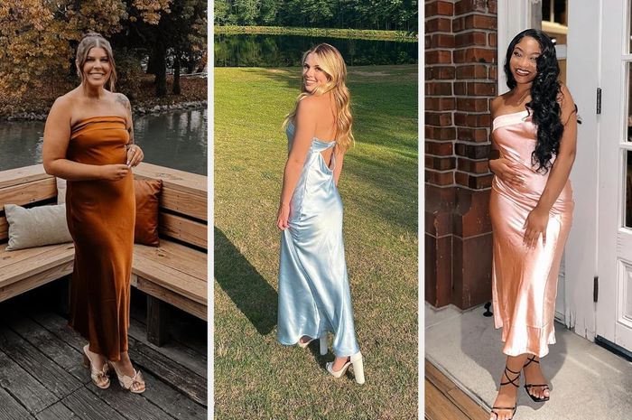 Three stylish women wearing sleeveless dresses; the first in a strapless design, the second featuring a bow detail on the back, and the third in a sleek, silky ensemble, each posing outdoors.