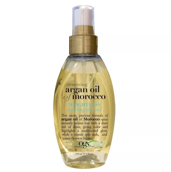 A bottle of argan oil-infused hairspray that revitalizes hair with shine and softness.