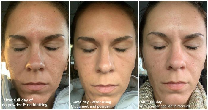 A series of progression photos from a reviewer demonstrating how their face remained free of oil throughout the day