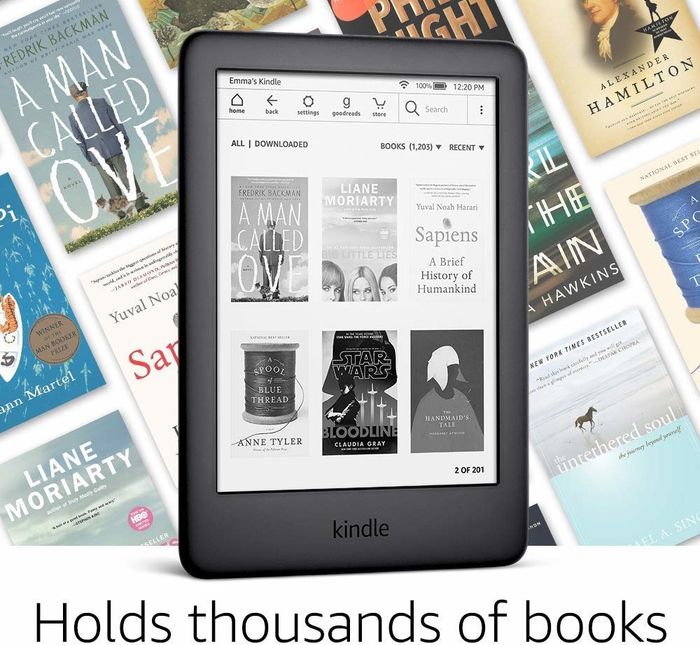 The black Kindle displaying the text "holds thousands of books".