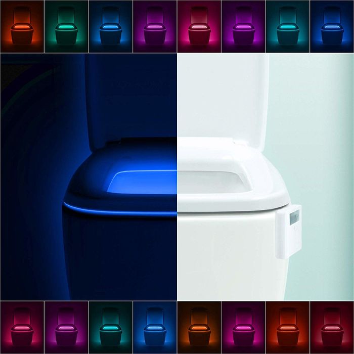 A collection of toilets showcasing the various colors the light can emit