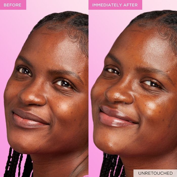 The model showcases the results before and after using the dew drops.