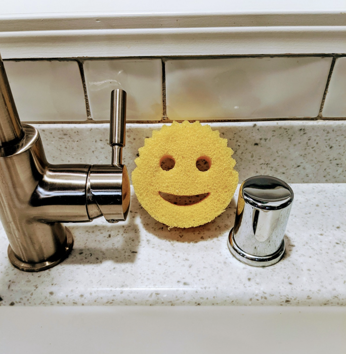 The textured sponge placed next to the kitchen sink.