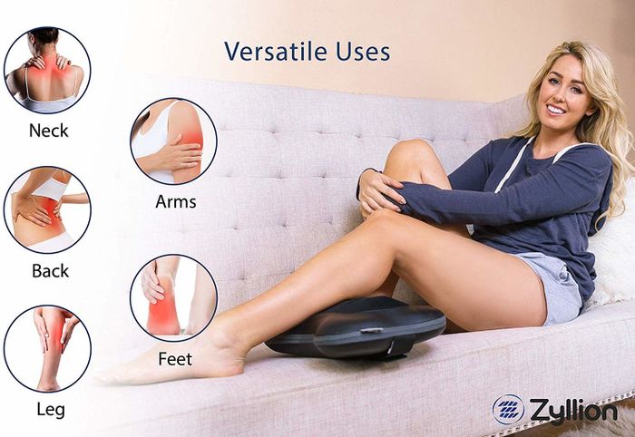 A model demonstrating the massager on their calf, accompanied by visuals showcasing its effectiveness for necks, arms, backs, feet, and legs.