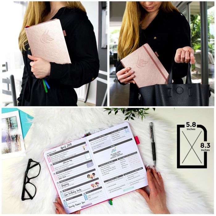 A model holding the rose gold planner, displaying its interior layout
