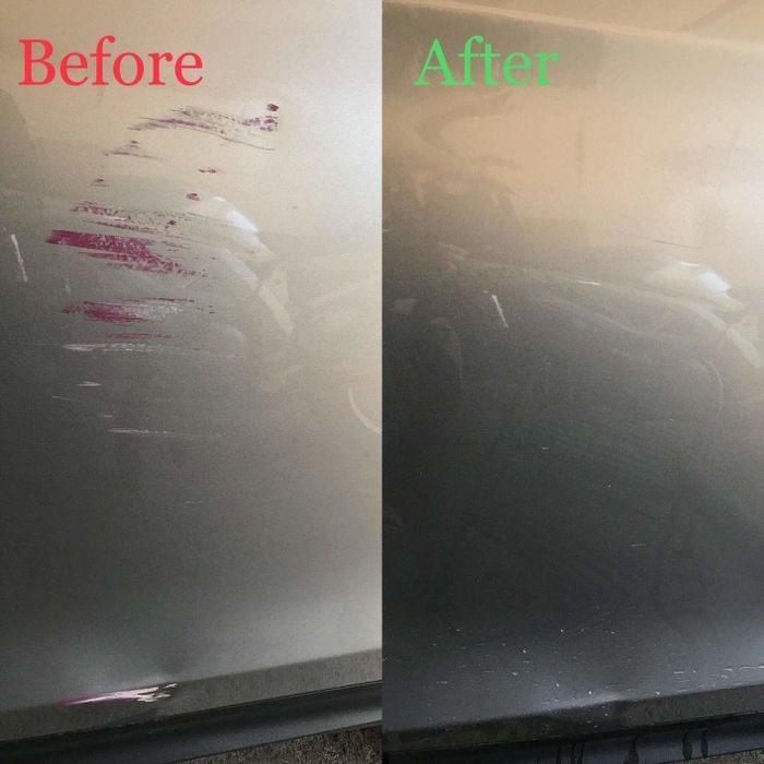 A car door with visible scratches and remnants of another car's paint before treatment, and the same door afterward with only faint marks remaining