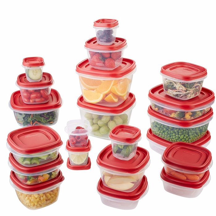 A collection of clear and red containers in various sizes, filled with food