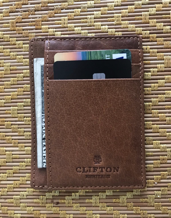 A slim brown leather wallet, simple yet stylish.