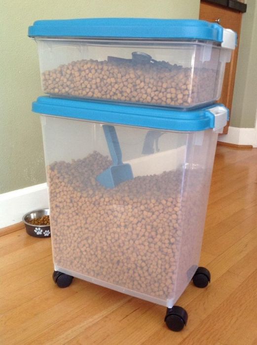 two-section pet food storage containers packed with dry kibble