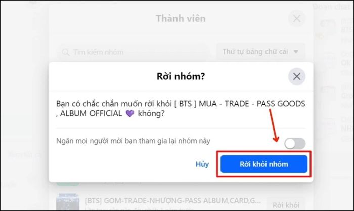Đừng quên xác nhận việc Rời khỏi nhóm