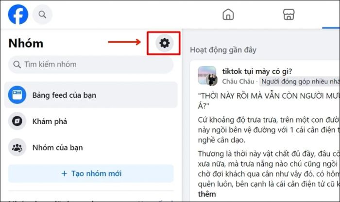 Nhấn vào biểu tượng cài đặt trong phần Nhóm