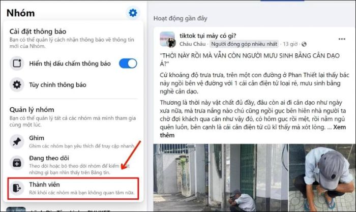 Chọn mục Thành viên để bắt đầu rời khỏi các nhóm Facebook