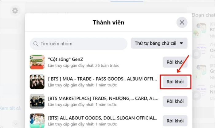 Danh sách các nhóm bạn đang tham gia sẽ xuất hiện