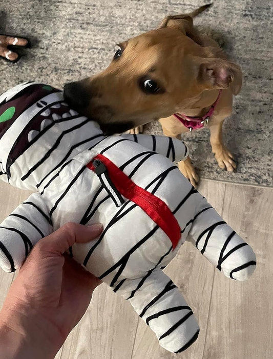 Photo from a reviewer showing a dog chomping on the mummy toy