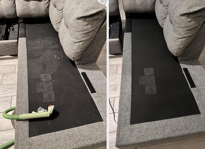 a comparison of a stained couch before and after being cleaned