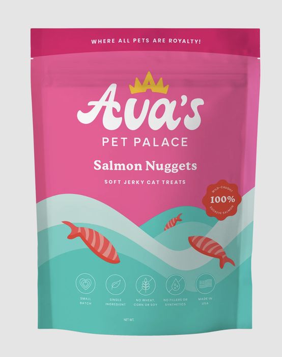 A package of Ava's Pet Palace Salmon Nuggets, soft jerky cat treats with ingredient icons on a pink and teal design.