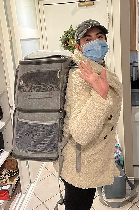 an individual carrying a dual pet carrier on their back, with cats safely secured inside