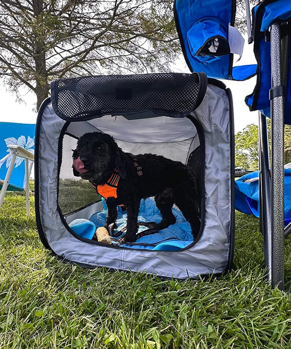 A reviewer's photo of a dog comfortably resting inside the pop-up tent, set up on a grassy outdoor area.