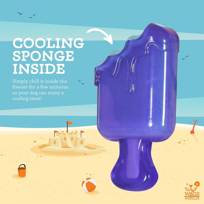 A dog cooling sponge shaped like a popsicle, complete with instructions to freeze it, offering a refreshing treat for pets