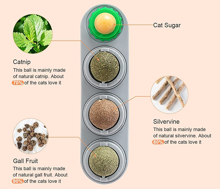 A diagram illustrating the flavors of each ball toy included in the set.