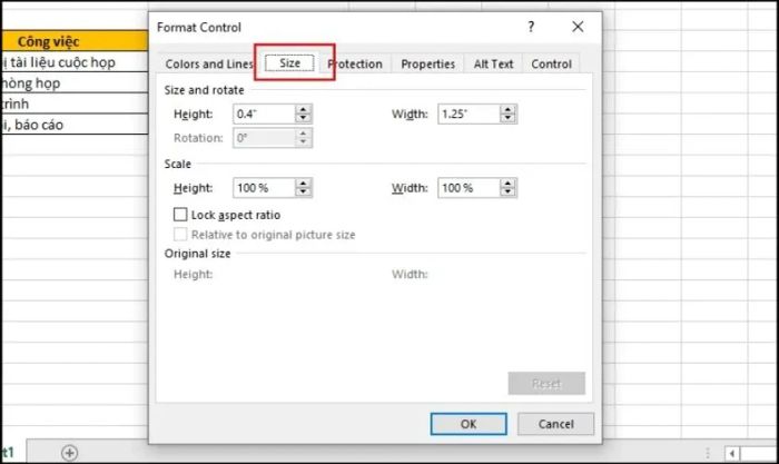 Điều chỉnh kích thước của ô vuông có dấu tích trong Excel