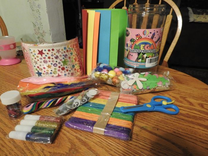 Reviewer's photo showcasing the art and craft supplies provided in the kit