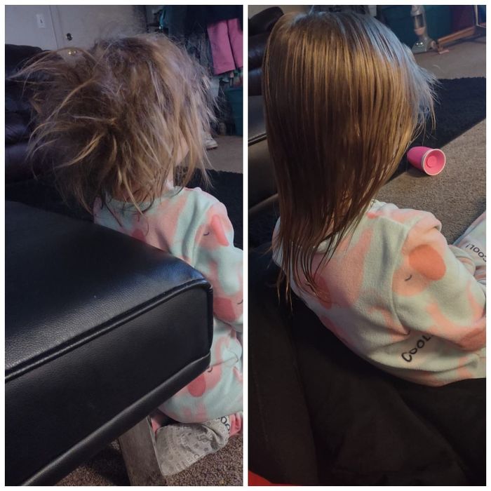 A child before and after a haircut, seated and wearing pajamas, with a noticeable transformation in their hair