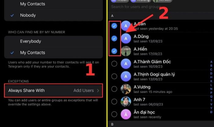 Nhấn vào Always Share With trong mục EXCEPTIONS