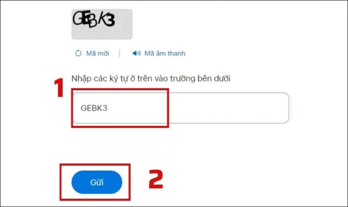 Nhập mã xác thực bên dưới và nhấn Gửi