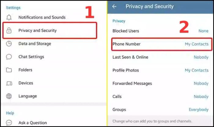 Chọn Privacy and Security, sau đó chọn Phone Number