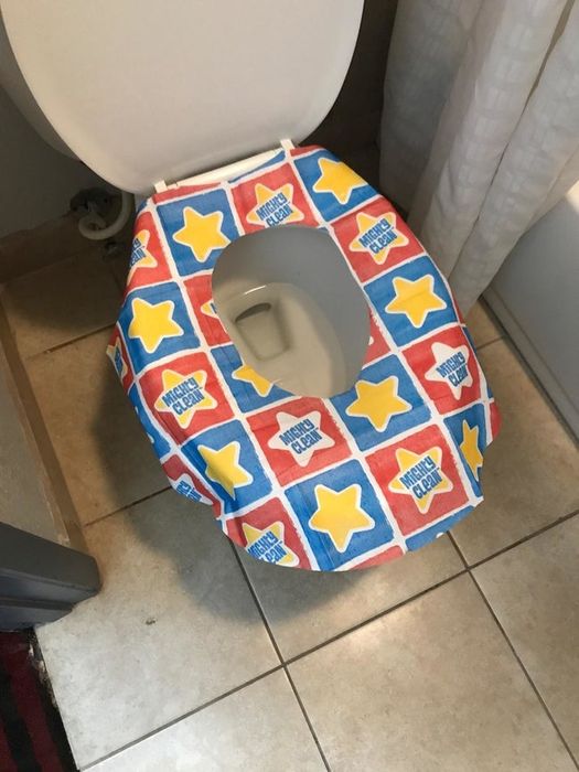 A photo from a reviewer demonstrating the toilet seat cover in use.