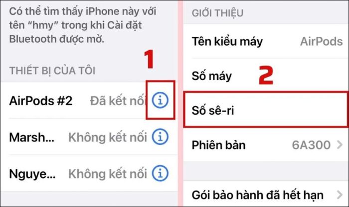 Nhấn vào biểu tượng chữ i để xem số sê-ri