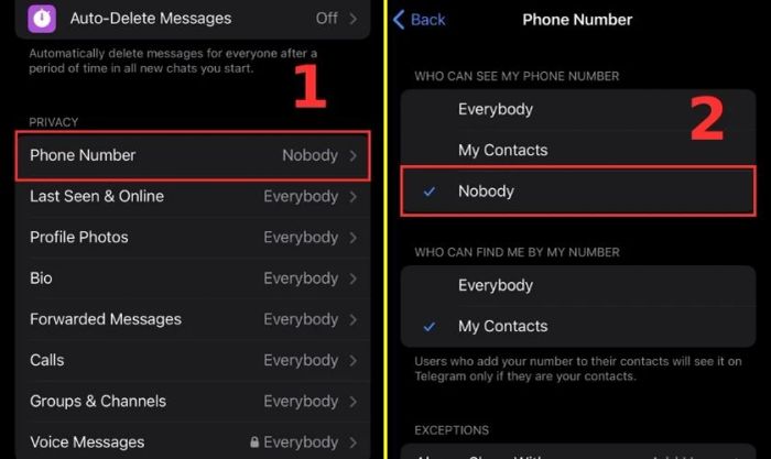 Chọn Nobody trong phần WHO CAN SEE MY PHONE NUMBER