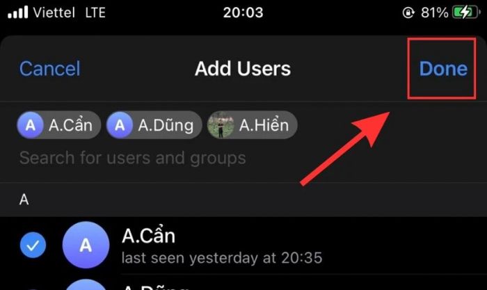 Nhấn Done để hoàn thành việc ẩn số điện thoại trên Telegram