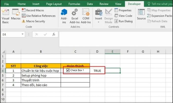 Cách tạo checkbox trong Excel.