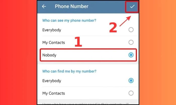 Chọn Nobody để ẩn số điện thoại trên Telegram