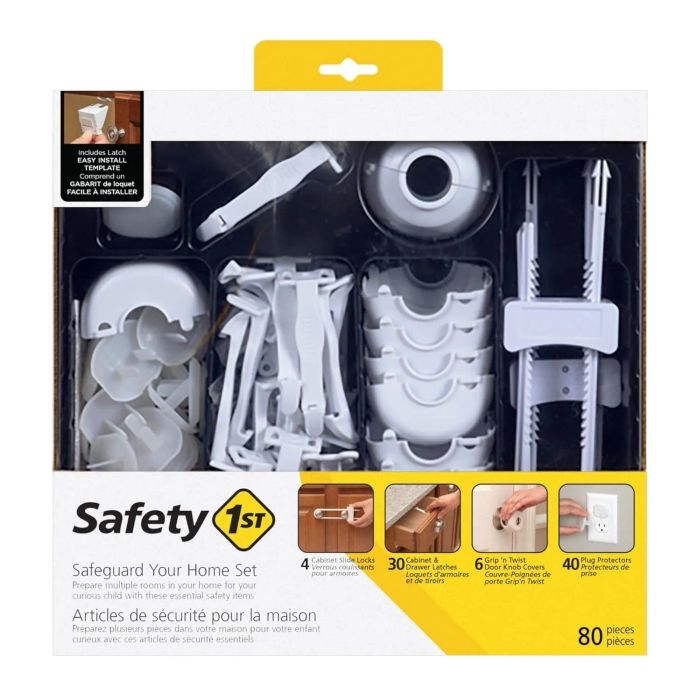Packaging for the Safety 1st Safeguard Your Home Set, featuring 80 pieces like cabinet locks and corner guards.