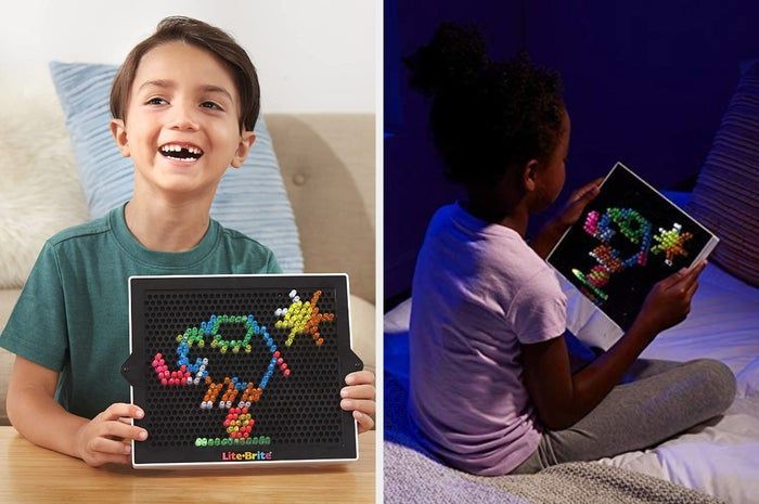 Split image of two children interacting with a Lite Brite, one showing the lights on and the other with the lights off