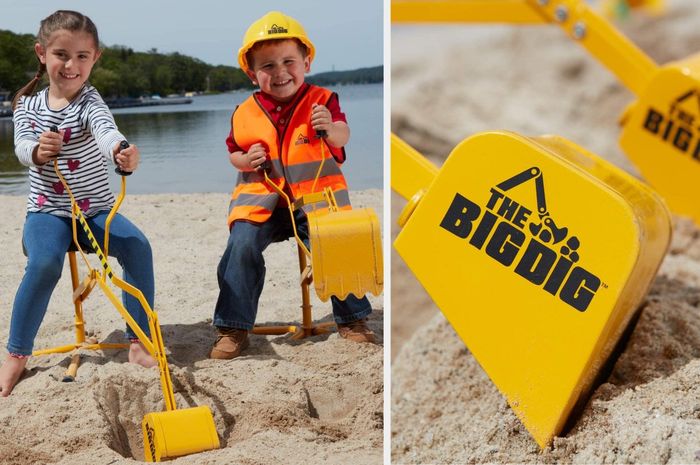 A split image featuring child models playing with a yellow digger in the sand, along with a close-up shot.