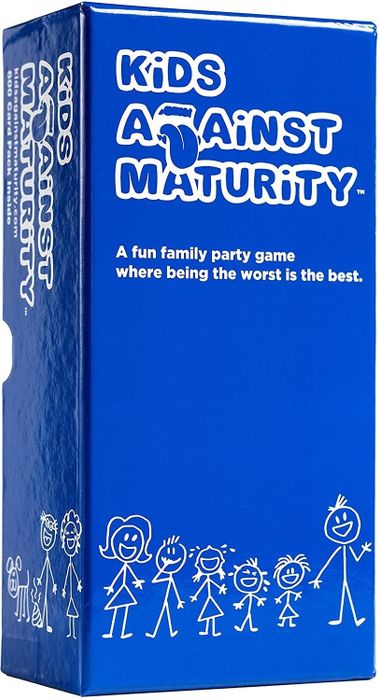 The blue packaging of the 'Kids Against Maturity' card game, ready to bring laughter to the whole family.